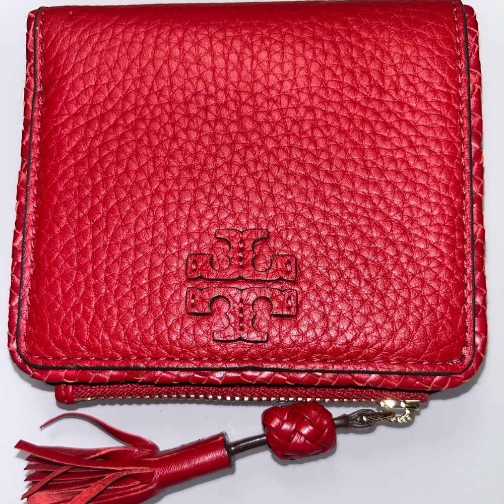 Tory Burch Red Pebbled Leather Zip Card Holder with Tassel - Picture 2 of 3